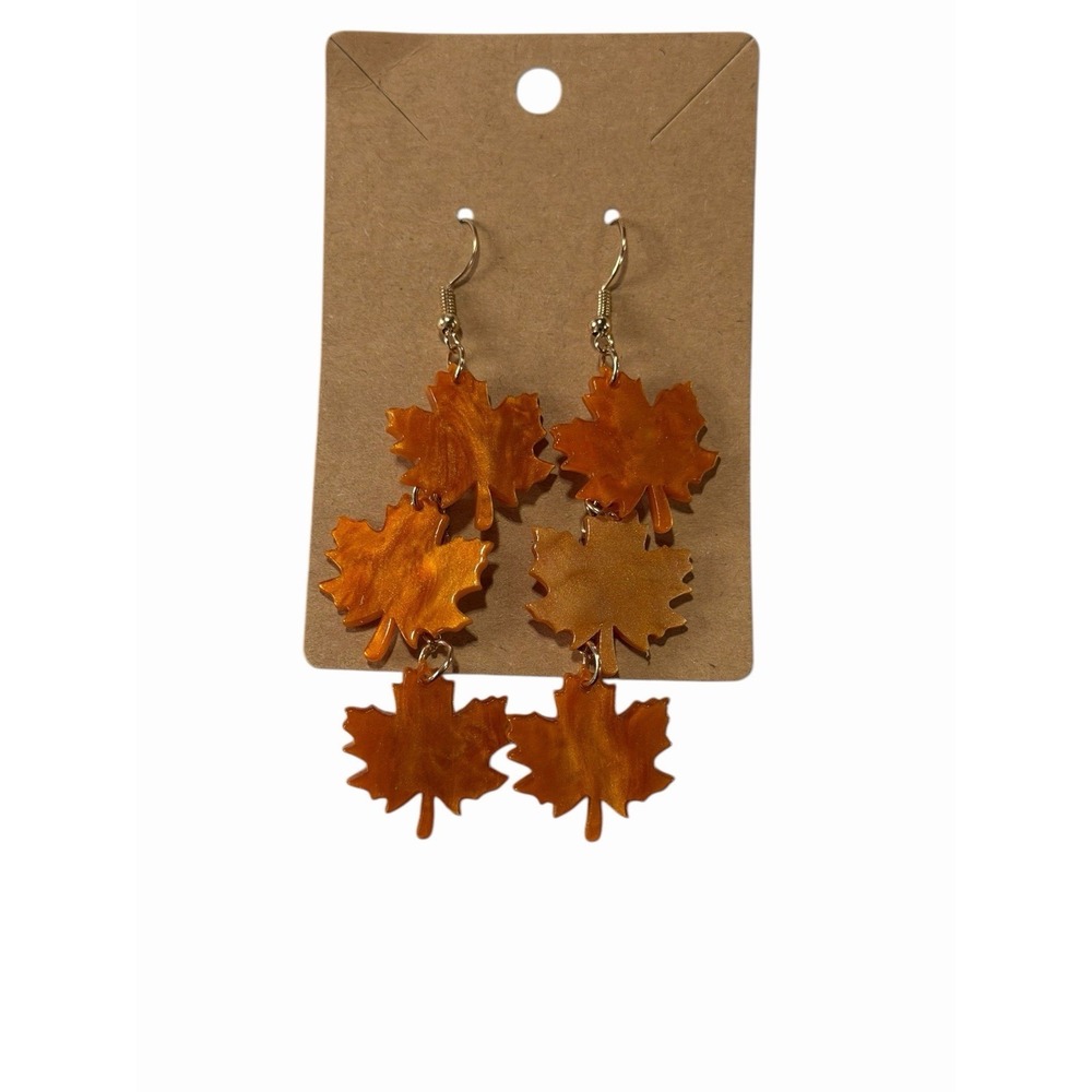 Orange Maple Leaf Dangle‎ Earrings Fall Autumn Resin Statement Jewelry Gold Tone